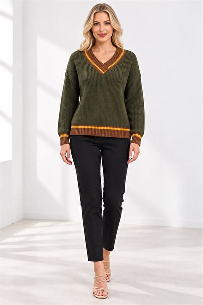 hazelin Women's Khaki V-Neck Contrast Stripe Detailed Long Sleeve Knitwear Sw...