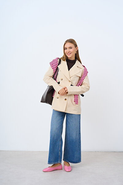 LOCCO Women's Double-Breasted Collar Belted Short Trench Coat Beige