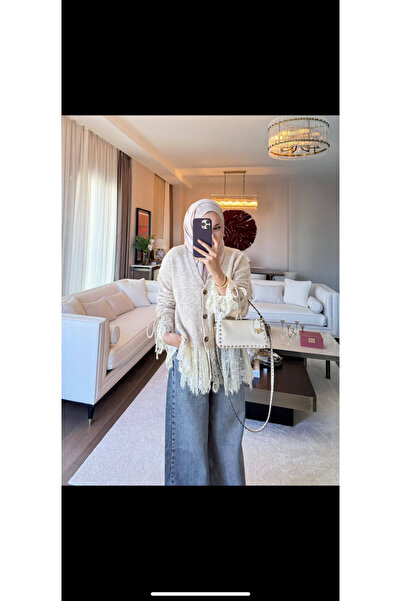 Molly Nelly Romantic Lace Detailed Oversized Knitwear Cardigan