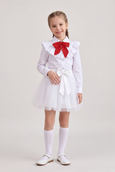 FATELLA Girl's Red Scarf Polka Dot Ruffle Collar White Long Sleeve Shirt Whit...