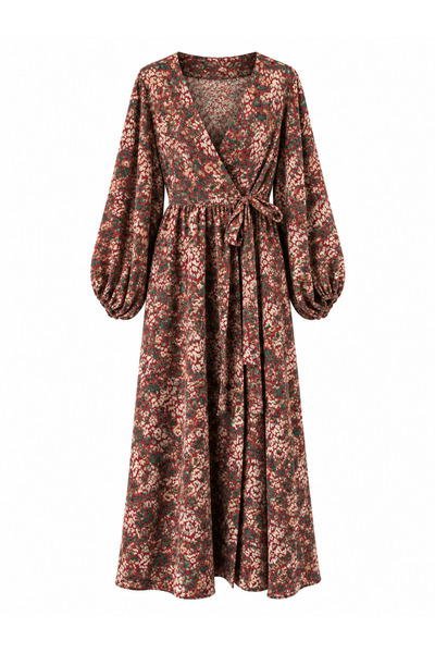 Retrobird Lady Belted Double Breasted Balloon Sleeve Dress Women's Cherry