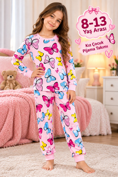 Kız Çocuk Kelebek Desenli Pijama Takımı 8-13 Yaş – Pembe