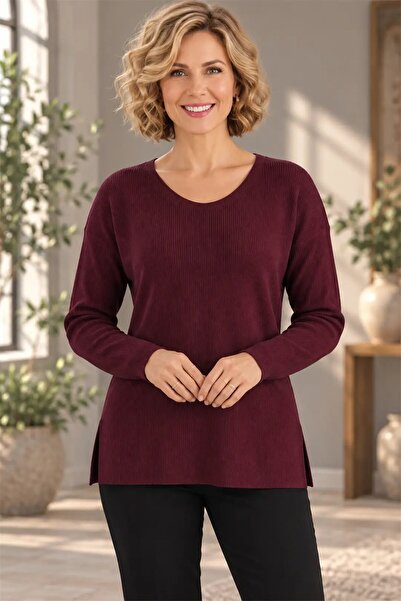 hazelin Women's Burgundy V-Neck Comfortable Fit Side Slit Long Knit Sweater H...