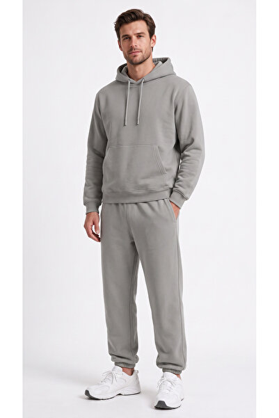 BADESSA Men's Gray Hooded 3-Thread Sweatpants Set with Elastic Cuffs