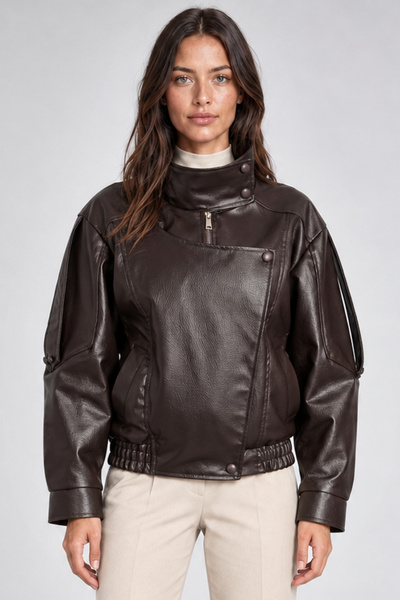 Freemen Women's Brown Oversize Asymmetrical Zippered Faux Leather Jacket with...