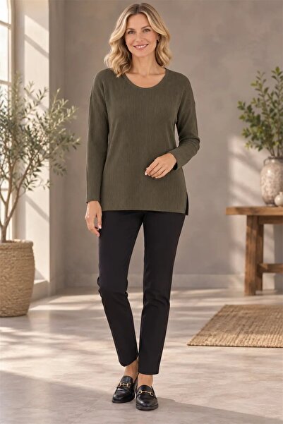 hazelin Women's Khaki V-Neck Comfortable Fit Side Slit Long Knitwear Sweater ...