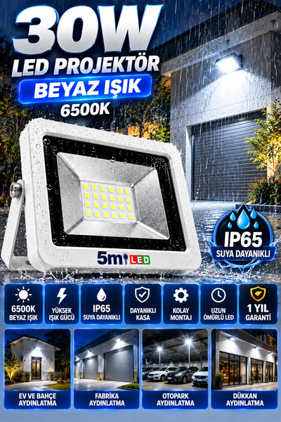 LED PAZARI 30 W LED PROJEKTÖR BEYAZ IŞIK SUYA DAYANIKLI 1 yıl garanti