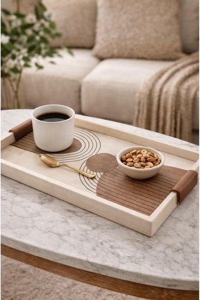 Home By SS Leather Printed Rectangular Wooden Decorative Serving Tray with Leather Handles | 52x32x4.5 cm Large Size | Premium Coffee Table, Ottoman & Breakfast Tray- Bohemian Style 03