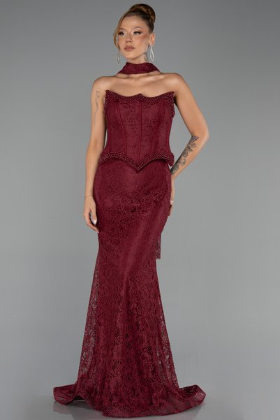 Abiyefon Bordo Straplez Korse Detaylı Uzun Dantel Balık Abiye ABU6487