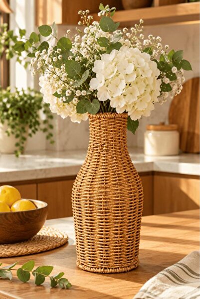 Atbyhome Doğal Hasır Rattan Çiçek Vazosu 25.5 cm - Masa Üstü Dekoratif El Örg...