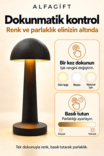 ALFAGİFT Şarjlı Dokunmatik LED Mantar Masa Lambası 3 Işık Tonlu Dimmerli Type-C Kablosuz Abajur Gece Lambası