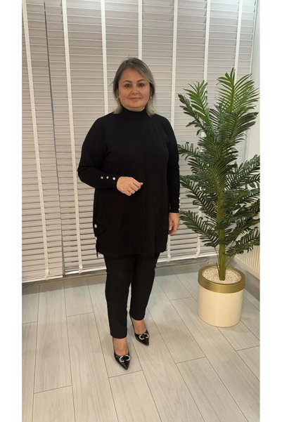 Celile Butik Kadın Büyük Beden Yarım Balıkçı Yaka Kol Düğme Detaylı Triko Tun...
