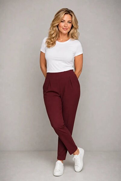 hazelin Women's Plus Size Burgundy Elasticated Trousers Hzl26S-Zss120921