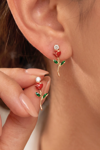 Elika Silver Zircon Stone Dangle Rose Earrings