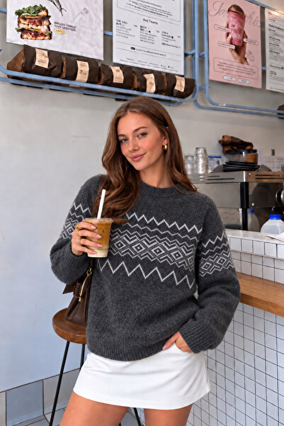 SERABLANKA Women's Crew Neck Nordic Pattern Oversize Knitwear Sweater