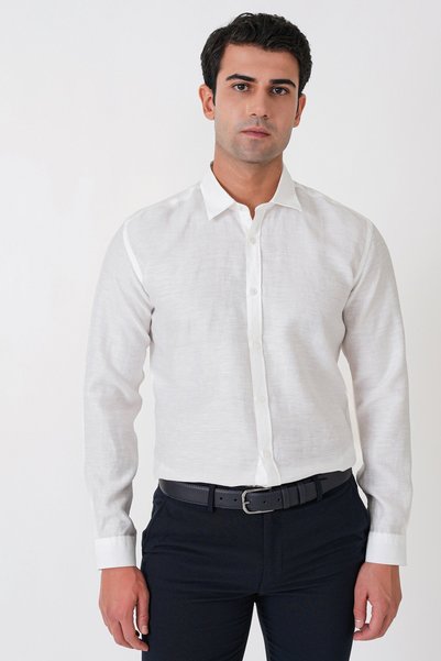 Efor Comfort Fit Sport Collar Foldable Sleeves Ecru Linen Shirt g 1612