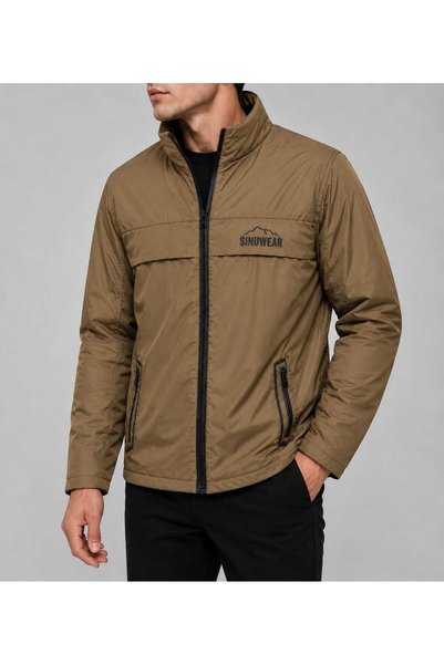 Sınwear Men's Tan Spring Season Water and Wind-Resistant Coat Stand Collar Seasonal Zippered Sports Outdoor Jacket