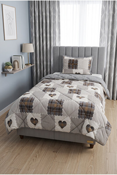 Merinos Comforter Tek Kişilik Yorgan Seti Kahve Kalpli