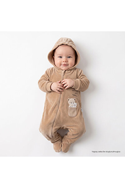 Bebetto Erkek Bebek Tulum Ayı Baskılı Fermuarlı Bisiklet Yaka Long Sleeve Pat...