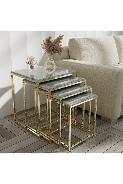 Puklife Duru 4'lü Zigon Sehpa Seti Gold Ayak, Açık Gri Mermer Desen Mdf