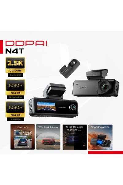 DDPAI N4T Pro 4K+1080P+1080P 3 Kanallı Araç Kamerası Ön-Arka-İç HDR GPS Wi-Fi...