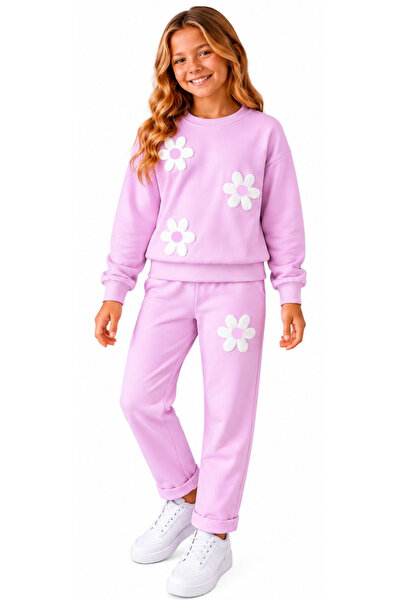 İrem Çocuk Giyim Girl's Floral Patterned Tracksuit Horse Double-Legged Pink C...