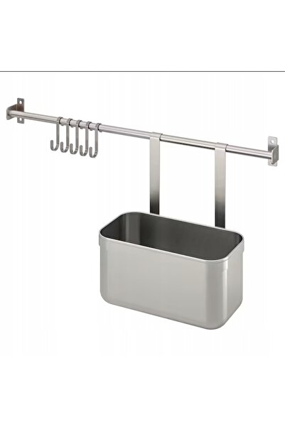 IKEA KUNGSFORS Bară cu 5 cârlige și 1 recipient, oțel inoxidabil, 56 cm