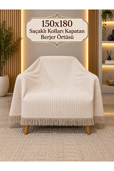 Bej 150x180 kolları Kapatan Saçaklı Berjer Örtüdü