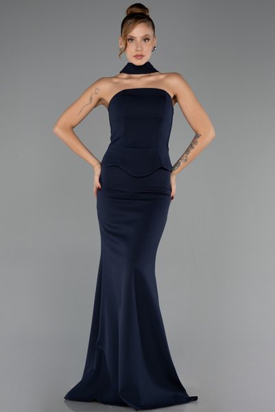 Abiyefon Lacivert Straplez Yaka Peplum Uzun Balık Abiye Elbise ABU6575