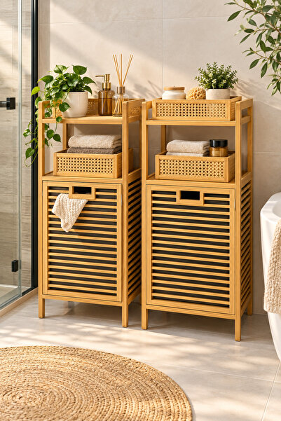 Karçiçeği Home 2 Adet Bambu Kirli Çamaşır Sepeti 2 Katlı Raf Banyo Dolabı 95x40x30 cm