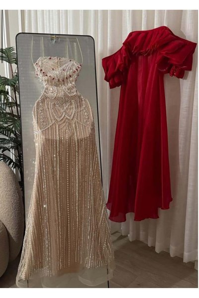 BAKLAFASHO Strapless Long Evening Dress with Pearl and Crystal Embellishments and Red Organza Cape with Puff Sleeves - Beige and Red