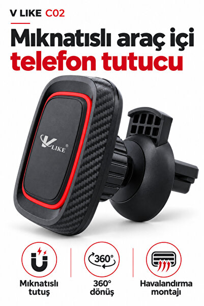 V LIKE C02 Mıknatıslı Araç İçi Telefon Tutucu 360° Dönebilen Havalandırma Izgarası Tipi Siyah Kırmızı