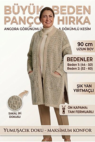 Laden Triko Kadın Büyük Beden Yün Sıcaklığında Kışlık Anne Uzun Panço Hırka -...