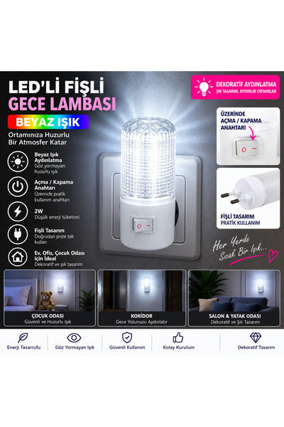 gleam LED Fişli Gece Lambası 2W Beyaz Işık Açma Kapama Anahtarlı Priz Tipi De...