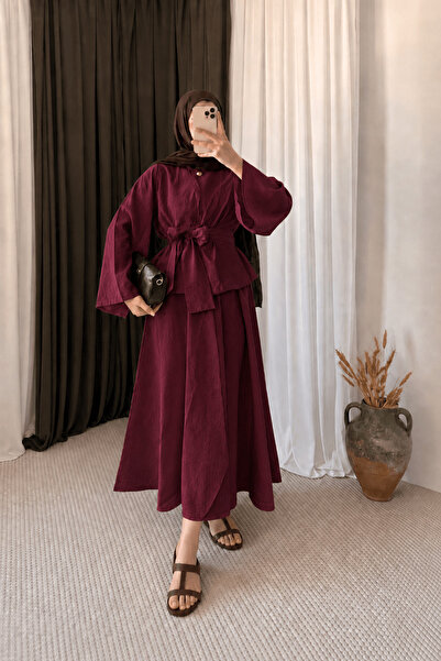 Hepsi Moda Tek Düğmeli Kuşaklı Etekli Takım - 3182 - Bordo
