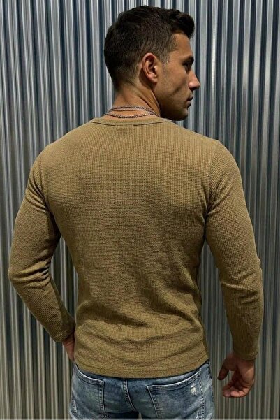 Oksit Zex Erkek Waffle Dokulu Düğmeli Hakim / Henley Yaka Basic Uzun Kollu Üst