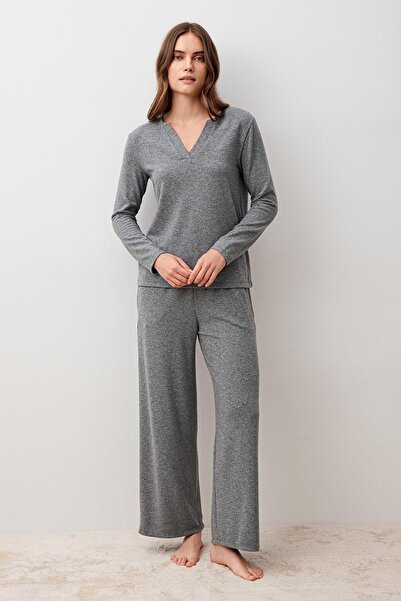 Artış Uzun Kollu Yumuşak Dokulu Esnek Viskoz Pijama Takım