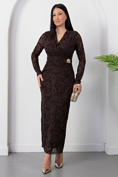 PULLIMM Double-Breasted Collar Buckle Glittery Long Sleeve Dress Grs4169