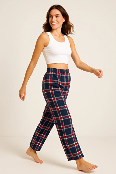 Unisex Checkerboard Pijama Altı Bel Lastikli Ekose Laciver-Kırmızı