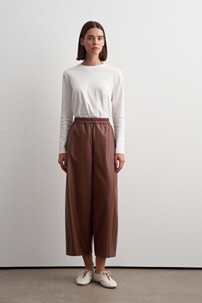 KADRİYE BAŞTÜRK Barrel Leather Trousers Brown