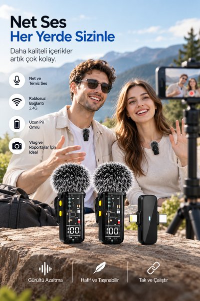 ASTRALTECH 2.4G Kablosuz Çift Mikrofonlu Yaka Mikrofonu İçerik Üretim Seti