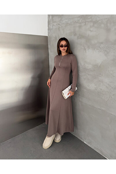 Elaxi Women's Long Sleeve Zippered Flared Maxi Modal Dress