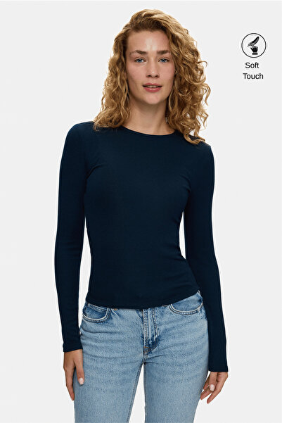UCLA Ophele Navy Blue Long Sleeve Crew Neck Modal-Cotton Blend Standard Fit W...