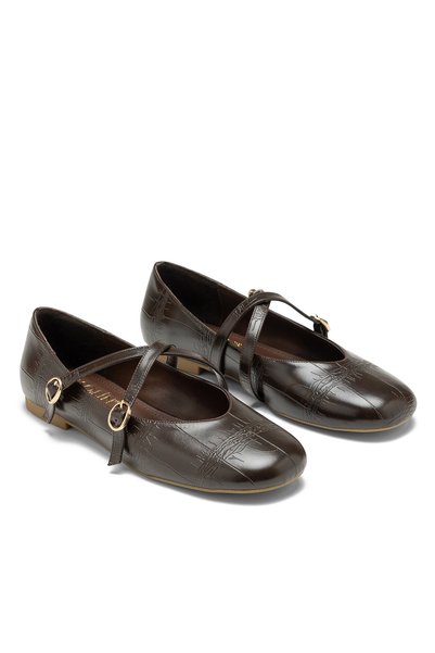 SOLİN SHOES Women's Croc Leather Double-Strap Buckle Slip-On Orthopedic Sole Ballerinas
