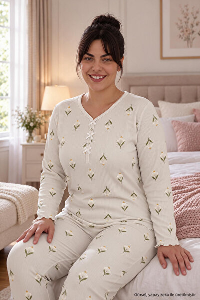 SEBOTEKS Ribbed Camisole Fabric Long Sleeve Plus Size Women's Pajama Set 2990