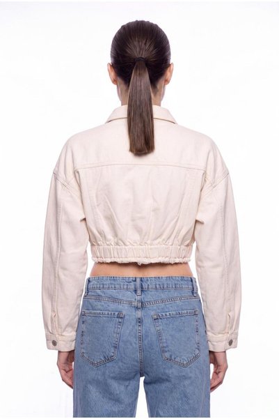 Machinist Women's Crop Oversize Distressed Jean Jacket Beige