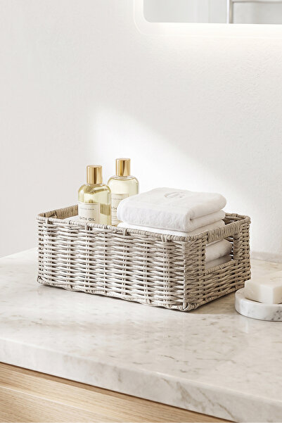 Ocean Home Textile Yıkanabilir Gri PP Rattan Dolap İçi Çamaşır Çocuk Odası Oyuncak Düzenleyici Saklama Sepeti Organizer 39x29x13