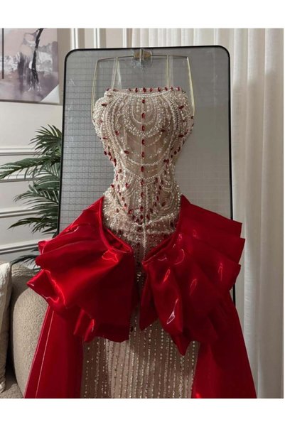 BAKLAFASHO Strapless Long Evening Dress with Pearl and Crystal Embellishments and Red Organza Cape with Puff Sleeves - Beige and Red