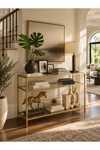 Teknor Gold Metal Üç Katlı Şeffaf 100cm Cam Dresuar Modern Salon ve Antre Kon...