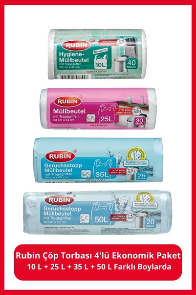 Rubin Çöp Torbası 4'lü Ekonomik Paket 10 L + 25 L + 35 L + 50 L Farklı Boylarda